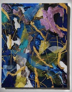 artist: Laurel Shute, 11"W x 14" H, acrylic, bark, photographic images of water and trees, plastic mesh on canvas, 2015.